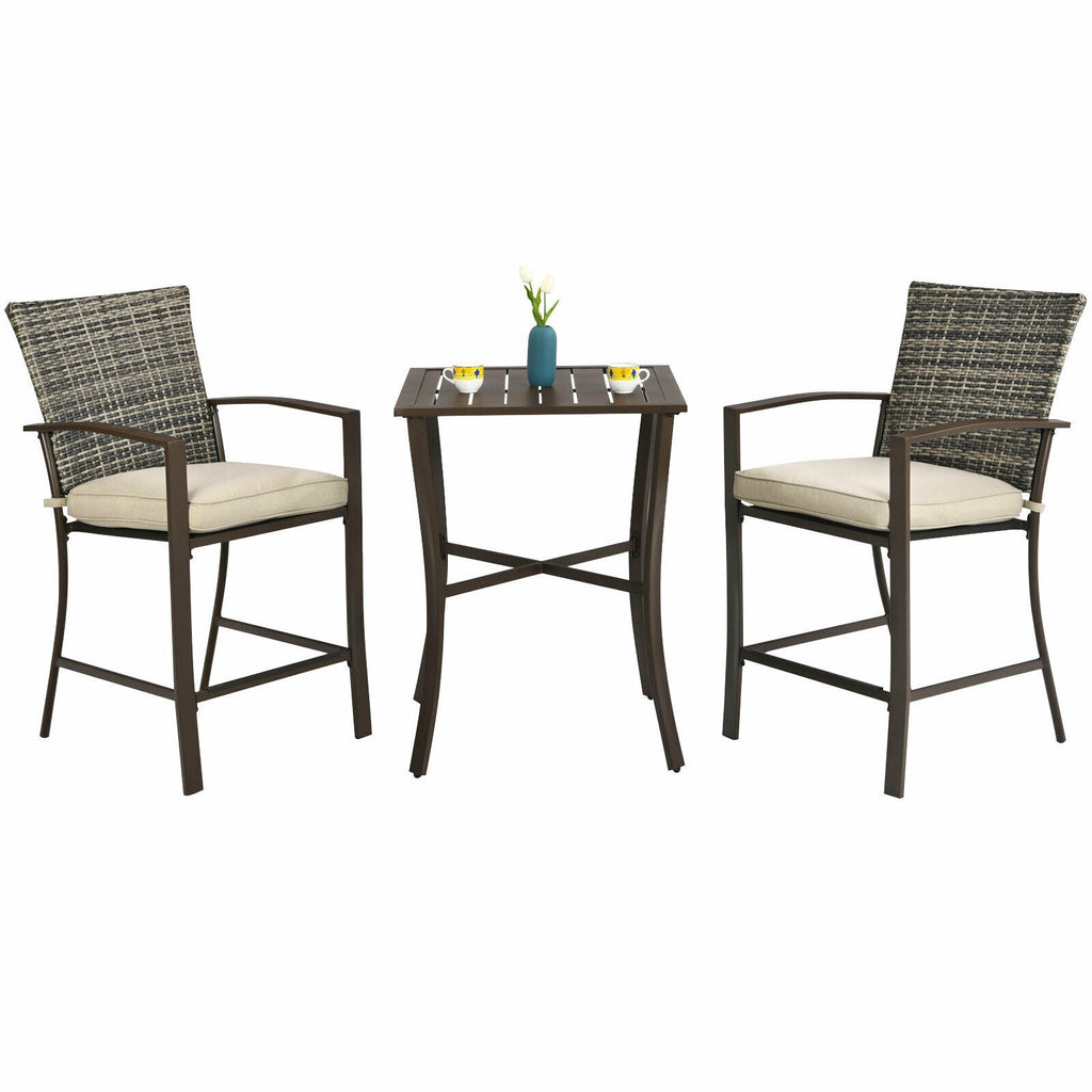 3 Pieces Rattan Bar Furniture Set with Slat Table and 2 Cushioned Stools