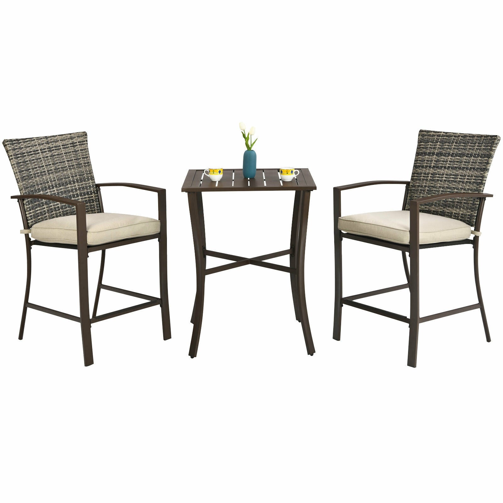 3 Pieces Rattan Bar Furniture Set with Slat Table and 2 Cushioned Stools