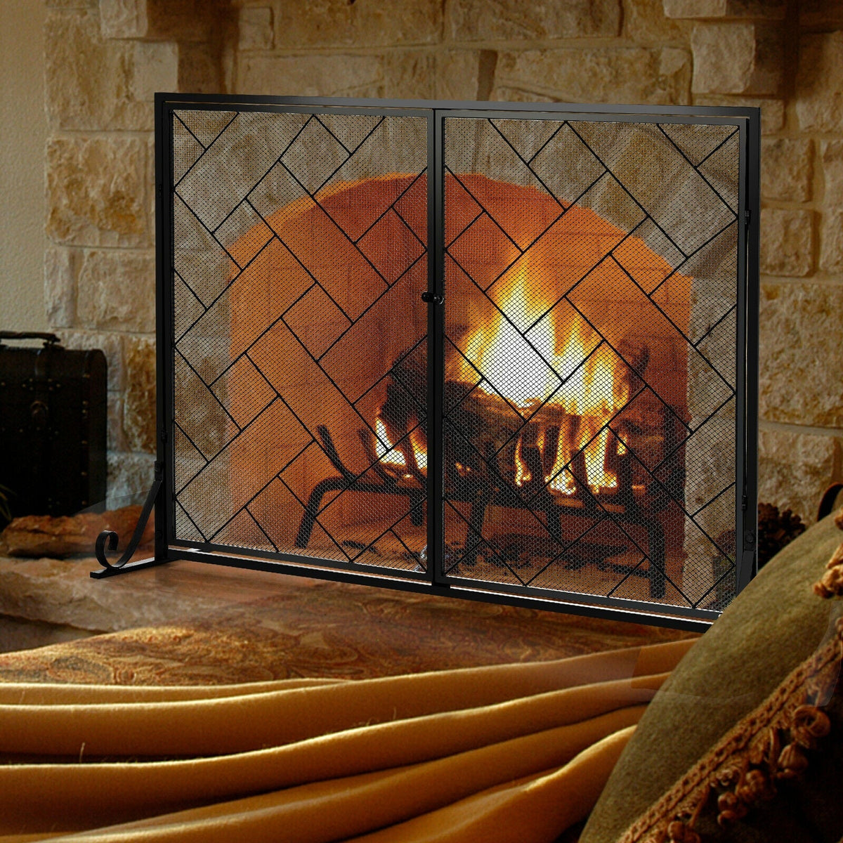 2-Panel Fireplace Screen Folding Metal Fire Place Safety Fence with Magnetic Doors