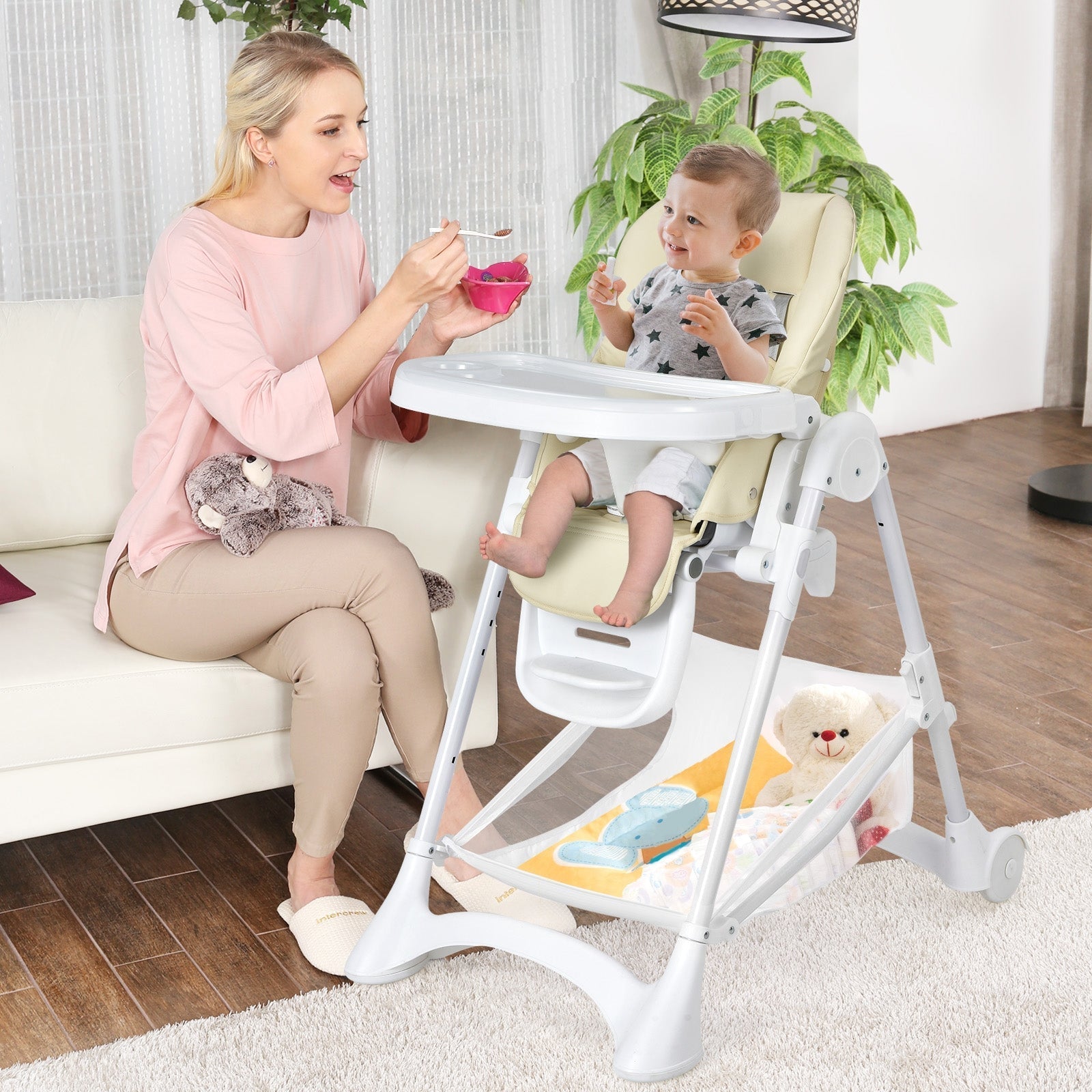 Baby Convertible Folding Adjustable High Chair with Wheel Tray Storage Basket