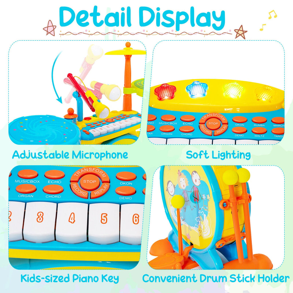 2-in-1 Kids Electronic Drum and Keyboard Set with Stool