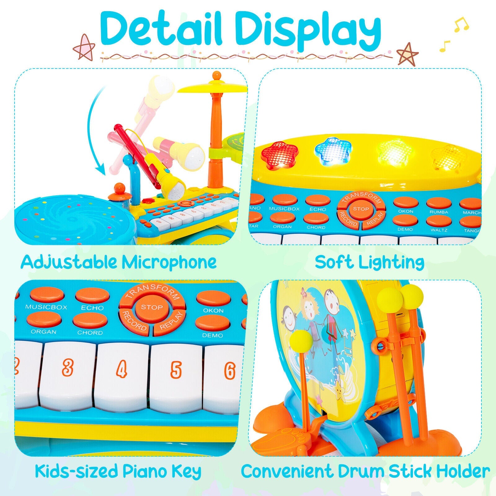 2-in-1 Kids Electronic Drum and Keyboard Set with Stool