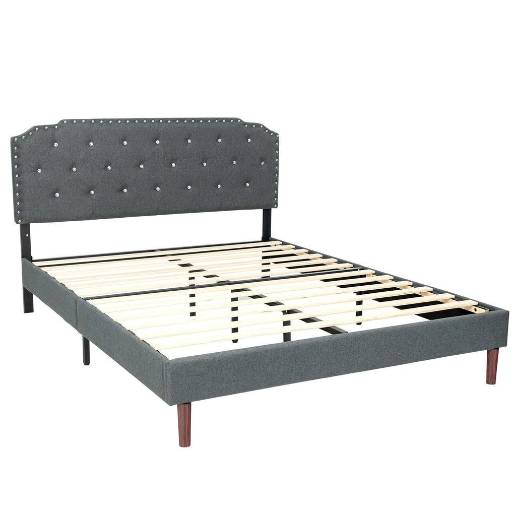 Upholstered Bed Frame with Adjustable Diamond Button Headboard