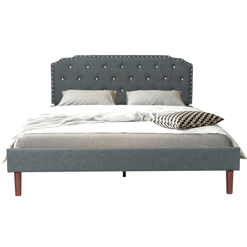 Upholstered Bed Frame with Adjustable Diamond Button Headboard