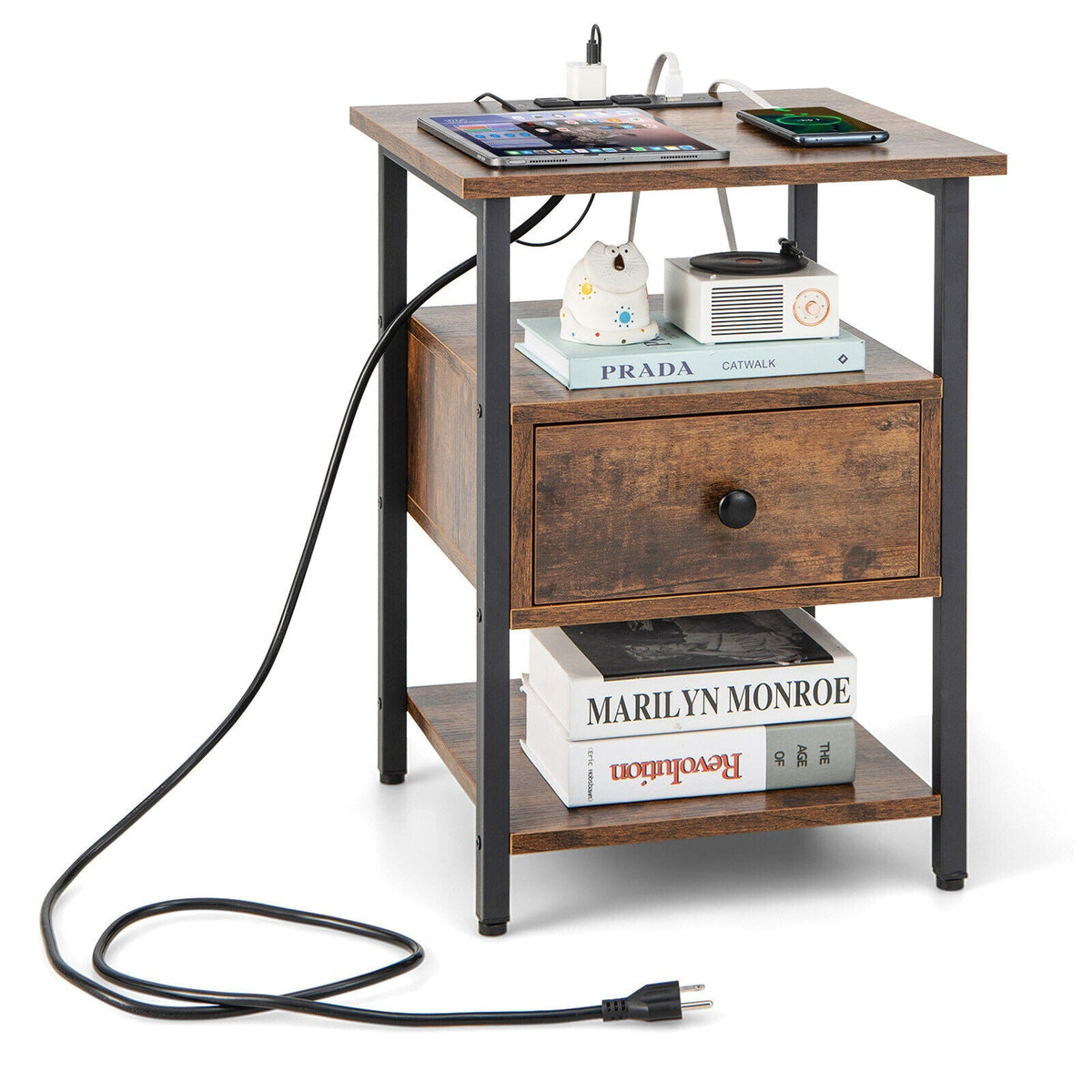 1/2 Pieces 3-Tier Nightstand with Charging Station and Drawer