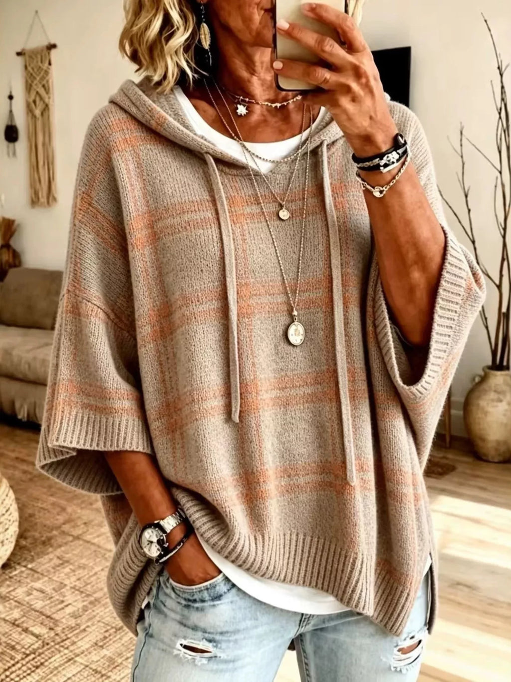 Full Size Drawstring Plaid Hooded Sweater Plus Size
