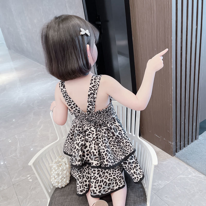 Leopard-print Backless Lace-up Dress With A Tiered Skirt