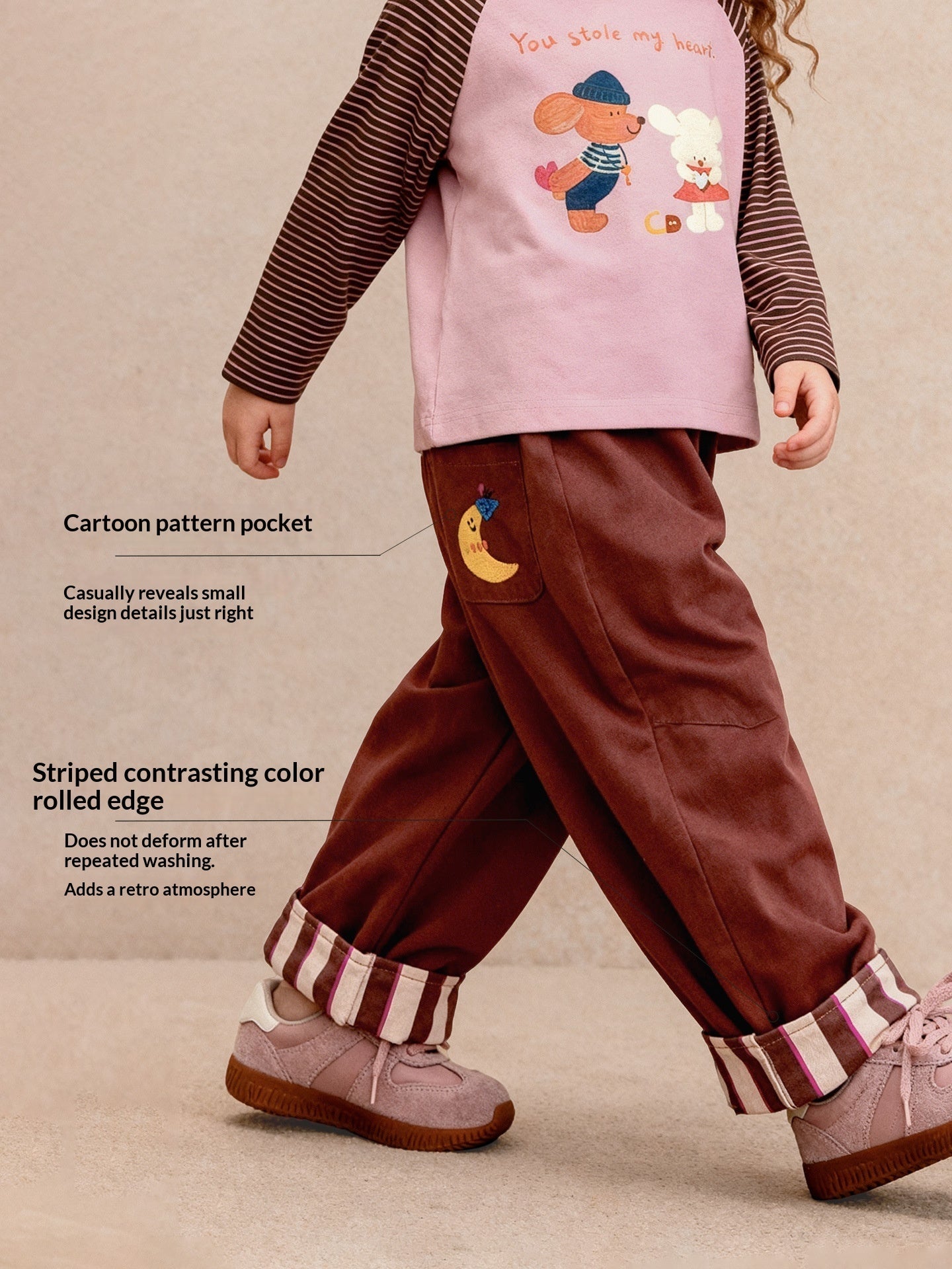 Casual Pants With Embroidered Stripes And Rolled Hem Long-length Trousers