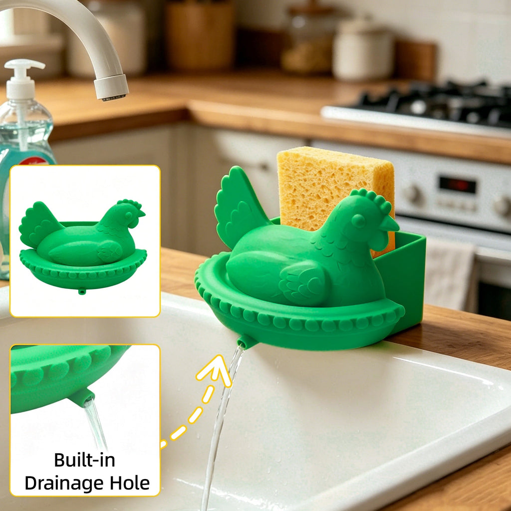 3D Printed Chicken Sponge Holder With Built-In Drainage Spout, Hen-Shaped Kitchen Sink Caddy For Sponge Storage, Countertop Organizer