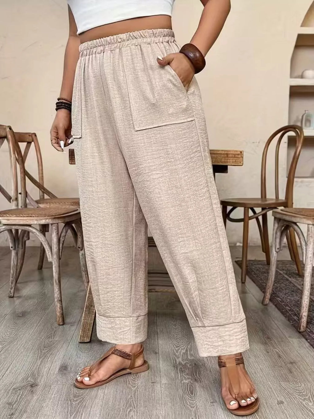 Plus Size High-Waisted Elastic Waist Pants with Pockets