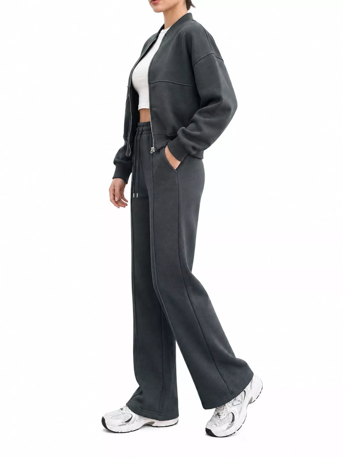 Casual Zip-Up Jacket and Wide-Leg Sweatpants Set