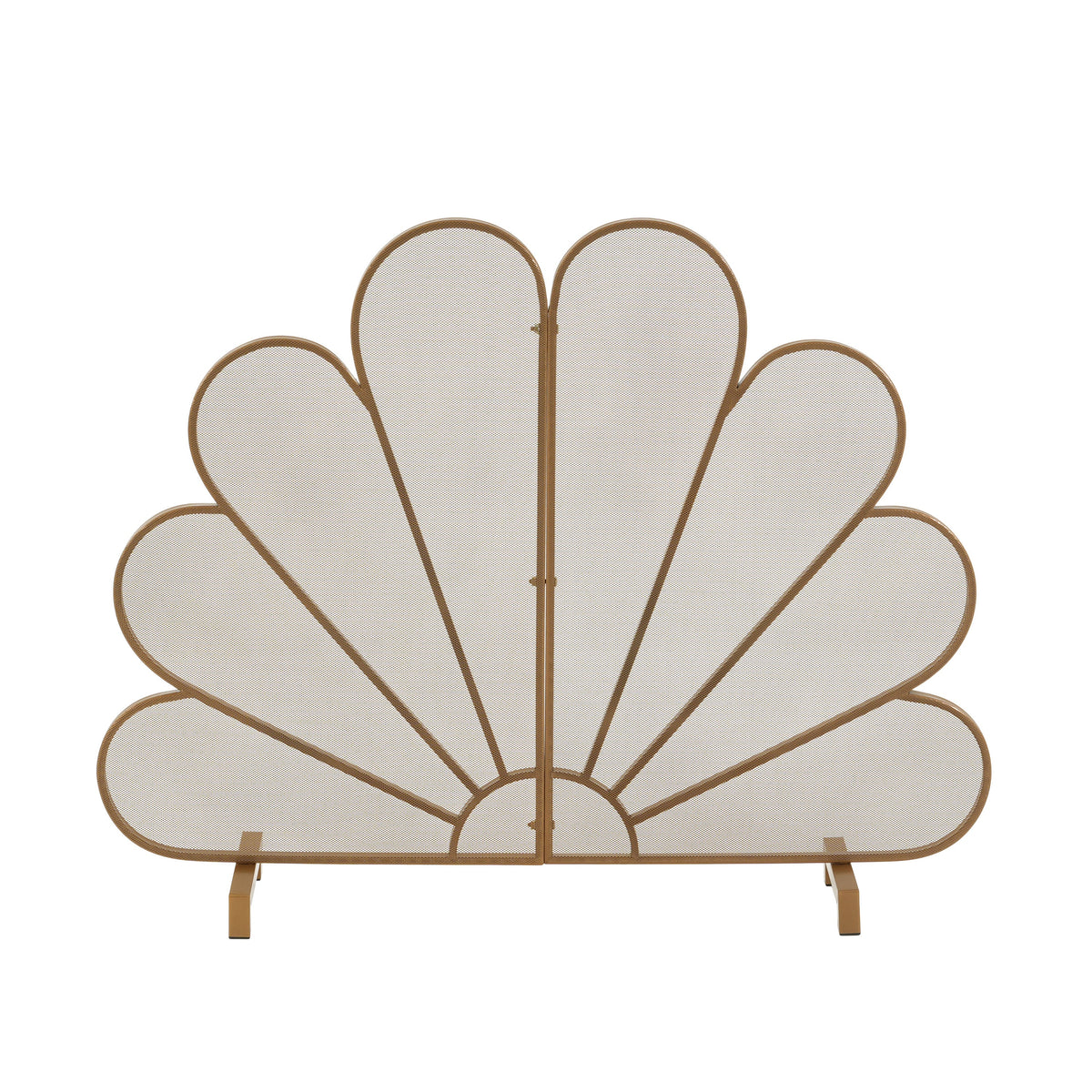 Gold Fan-Shaped Fireplace Screen with Mesh Spark Barrier - Gold