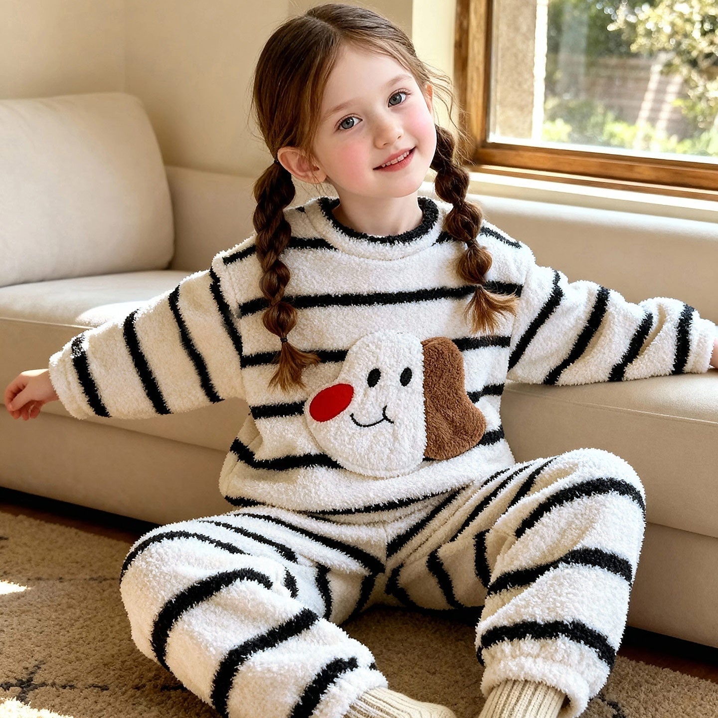 Cute-style Plush Thickened Warm Pajama And Loungewear Set For Little Girls