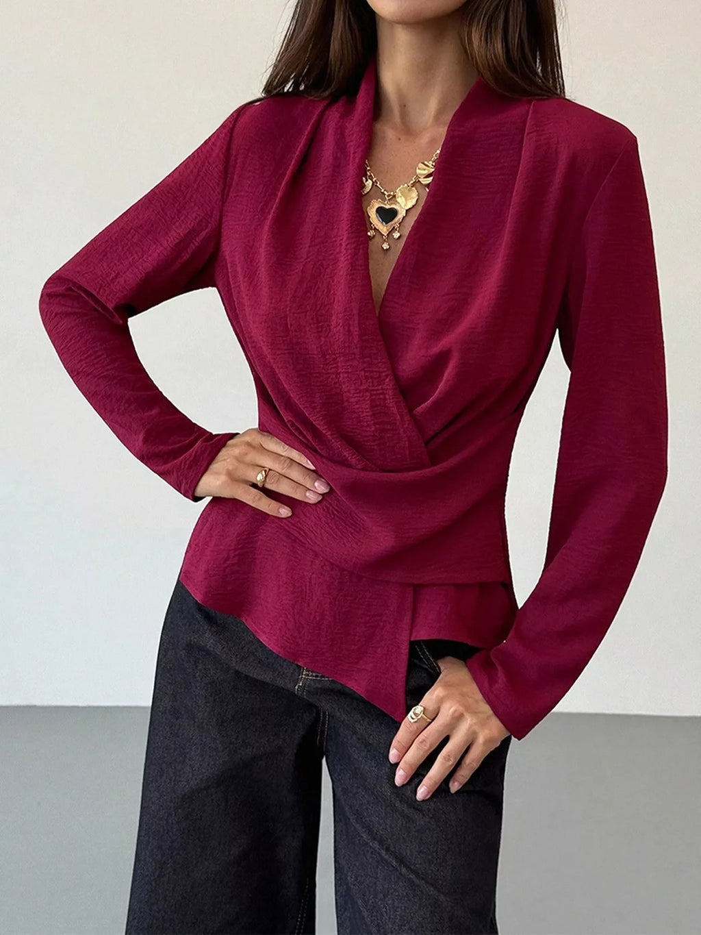 Wrap-Front Long Sleeve Blouse
