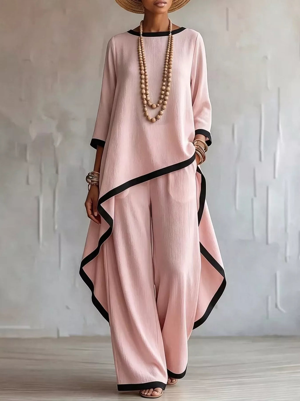 Full Size Contrast Trim High-Low Top and Pants Set Plus Size