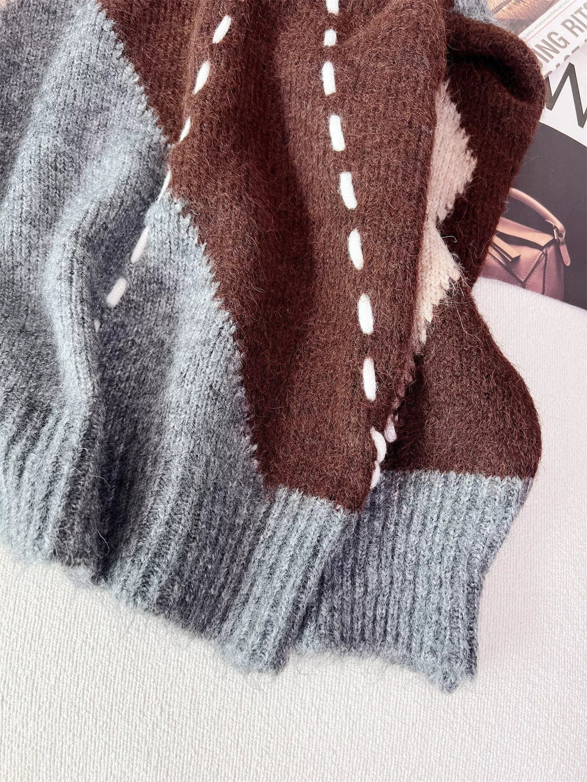 Argyle Pattern V-Neck Oversized Sweater