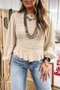 Smocked Balloon Sleeve Peplum Blouse