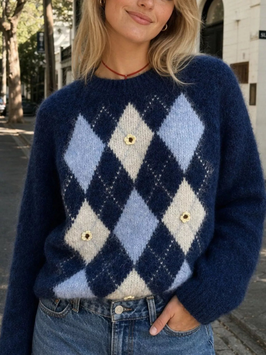 Argyle Pattern Raglan Sleeve Sweater