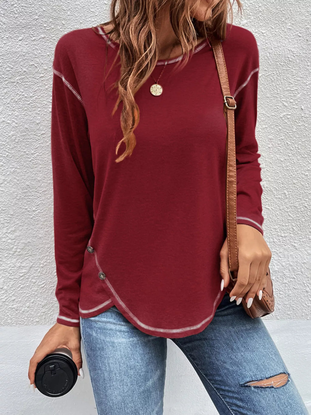 Casual Long Sleeve Exposed Seam T-Shirt with Decor Button