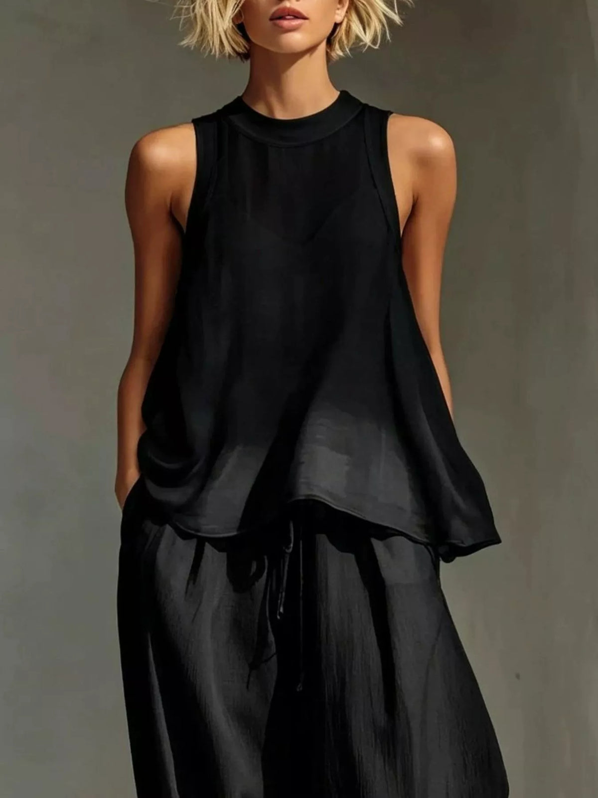 Full Size Sheer Sleeveless Top and Wide-Leg Pants Set Plus Size