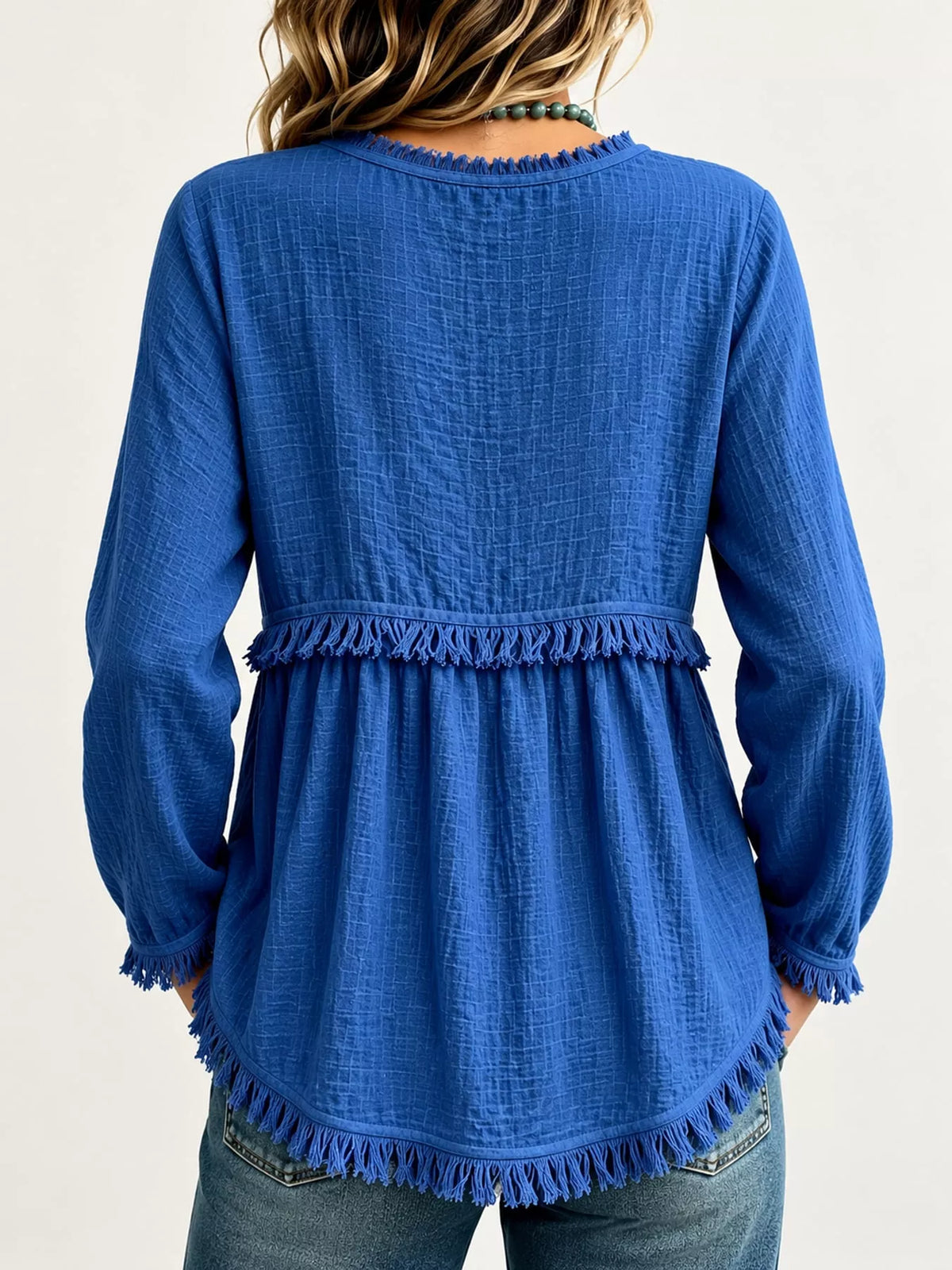 Full Size Fringed Trim V-Neck Long Sleeve Blouse Plus Size