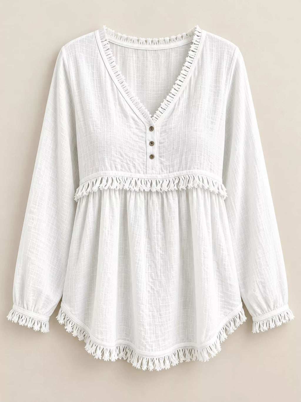 Full Size Fringed Trim V-Neck Long Sleeve Blouse Plus Size