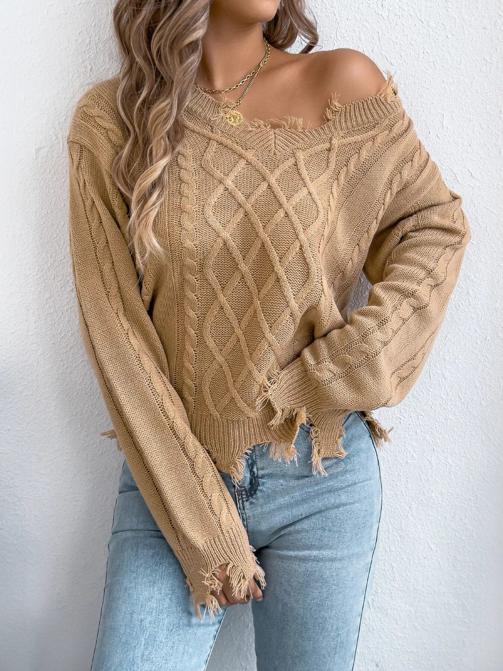 V-Neck Distressed Hem Cable Knit Sweater