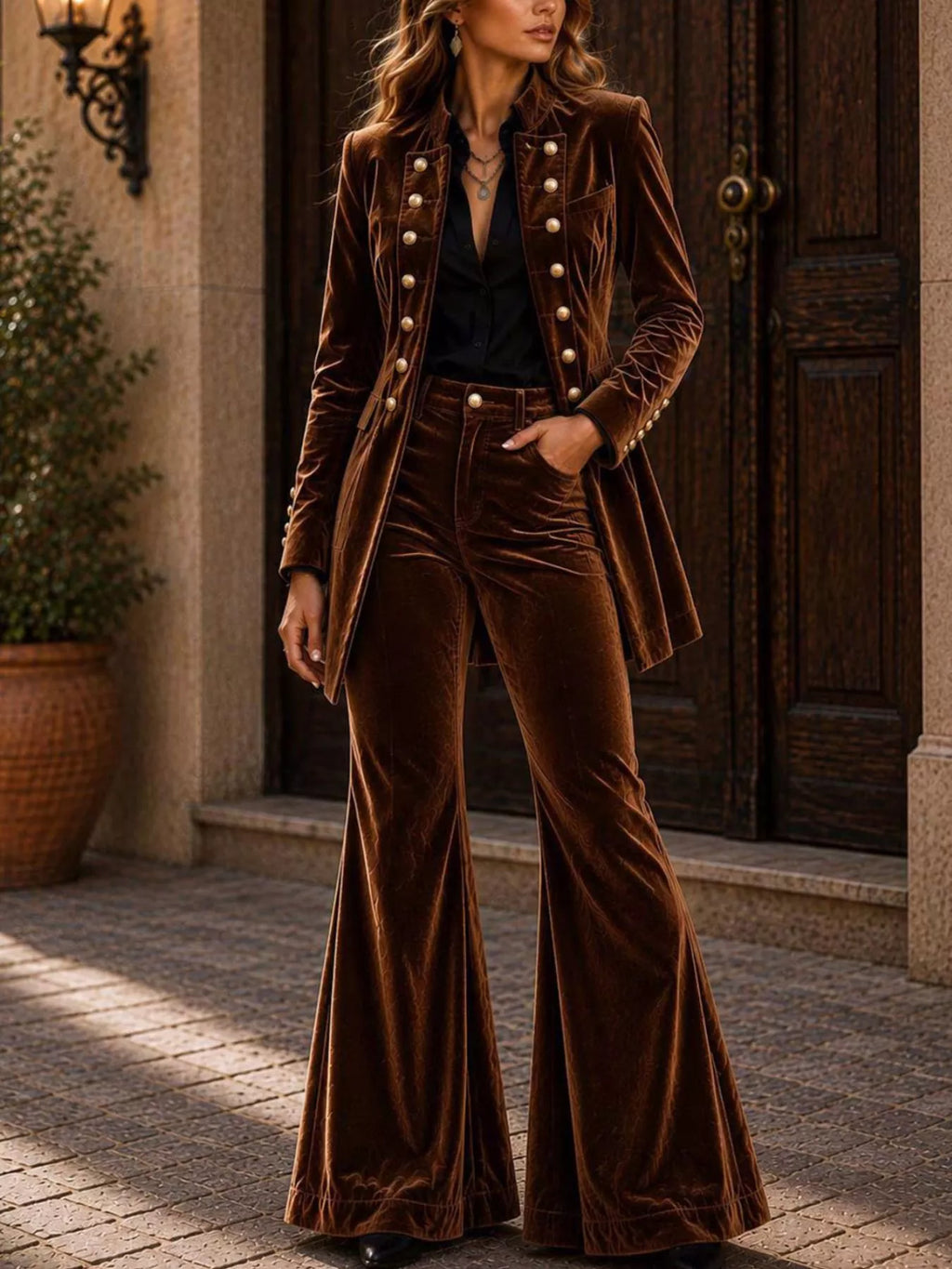 Velvet Double-Breasted Blazer and Flare Pants Set