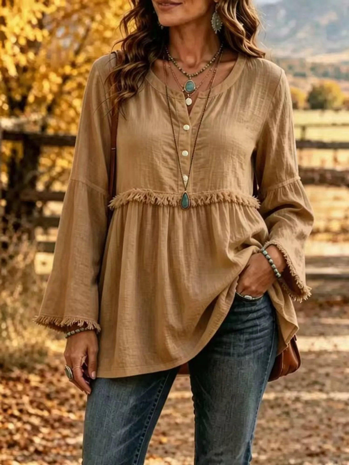 Full Size Fringed Button Detail Blouse Plus Size