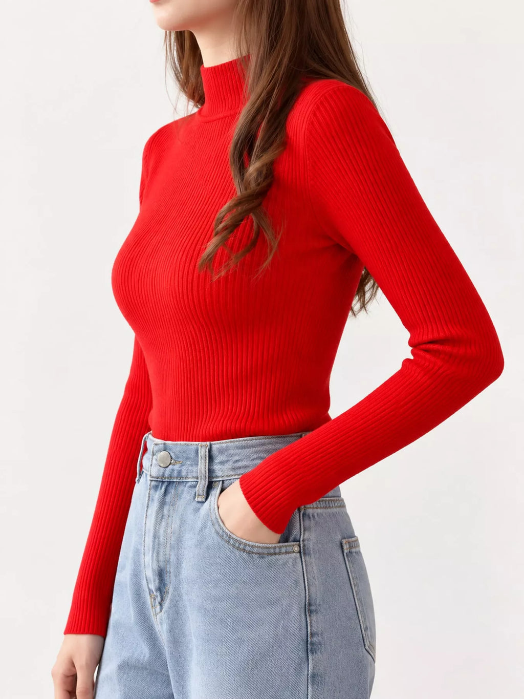 Elegant Slim-Fit Ribbed Mock Neck Knit Top
