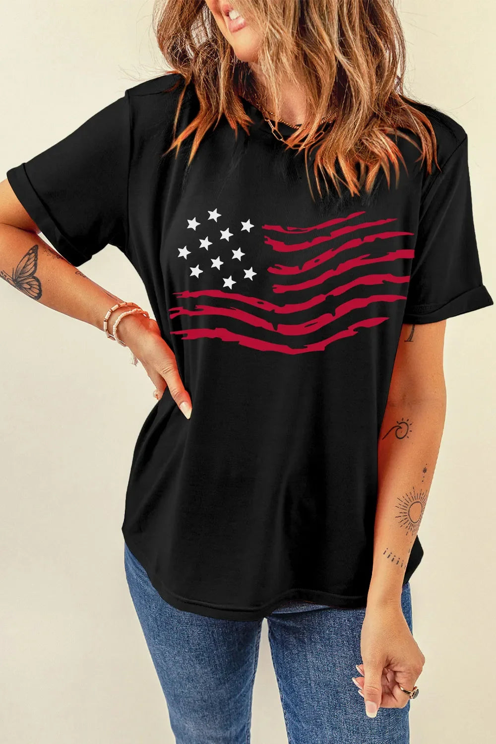 US Flag Print Round Neck Short Sleeve T-Shirt