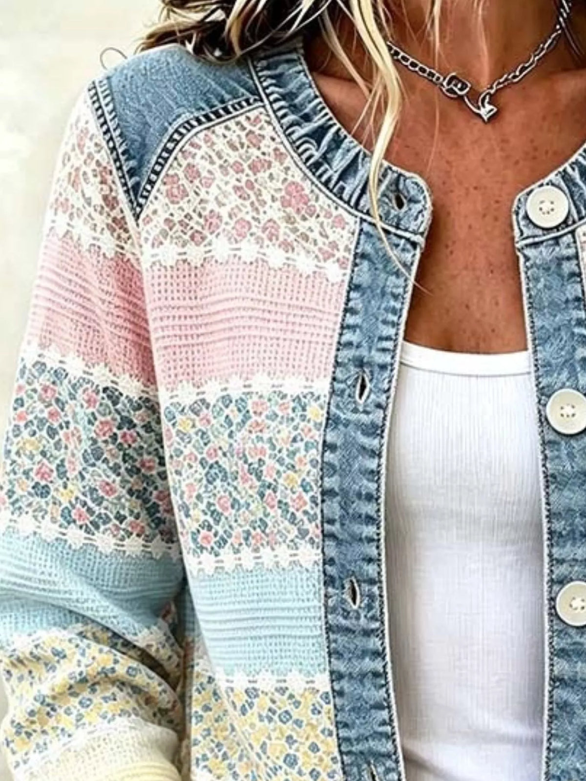 Full Size Floral Patchwork Denim Trim Jacket Plus Size