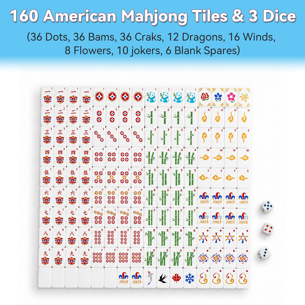 160PCS Floating Mahjong Tile Set Blue Classic Style With 3 Dice
