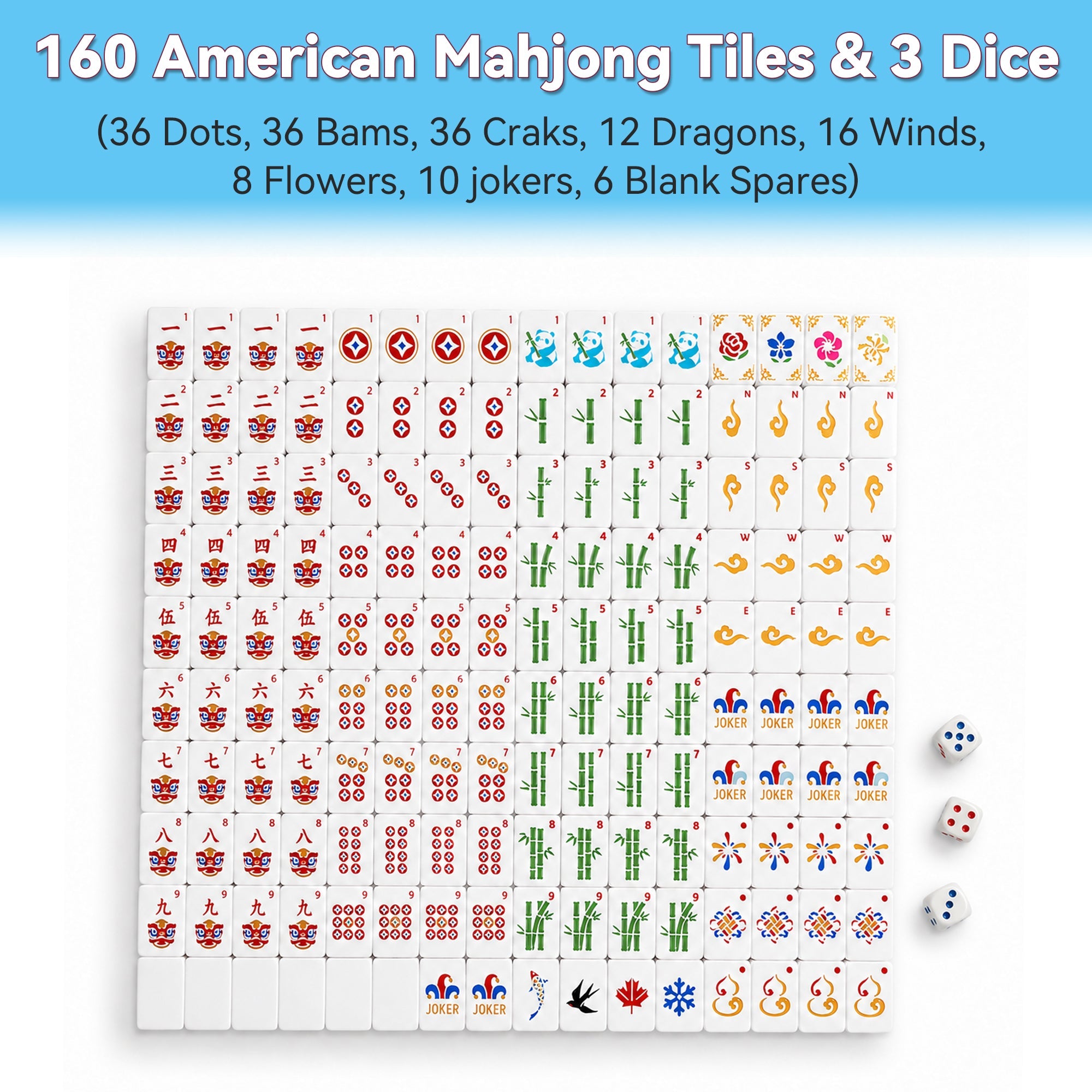 160PCS Floating Mahjong Tile Set Blue Classic Style With 3 Dice