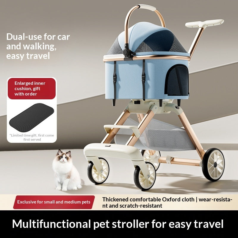 Luxury Cat Stroller With Detachable Pet Carrier, Foldable, Sturdy Alloy Frame