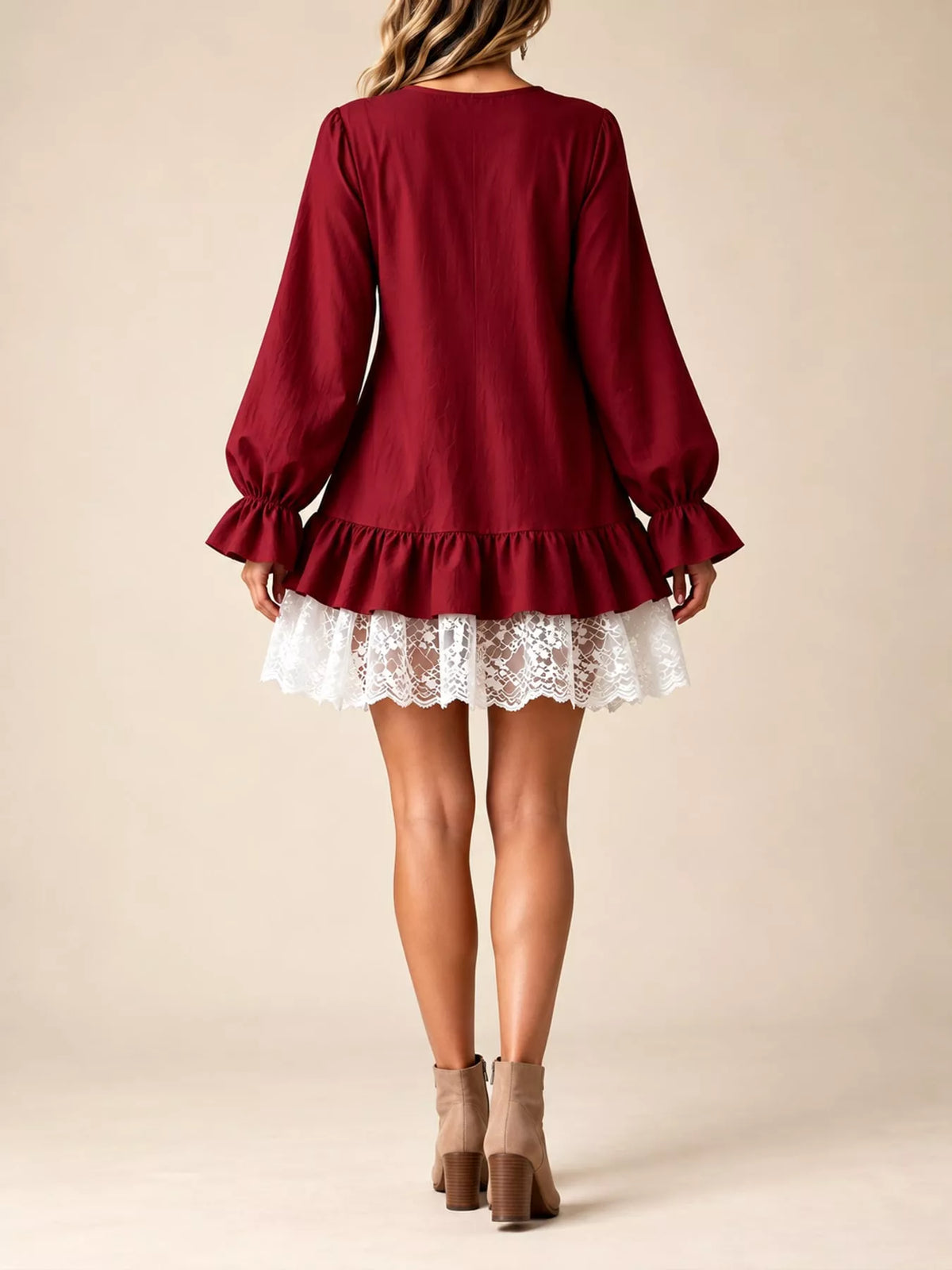 Lace Hem V-Neck Flounce Sleeve Dress