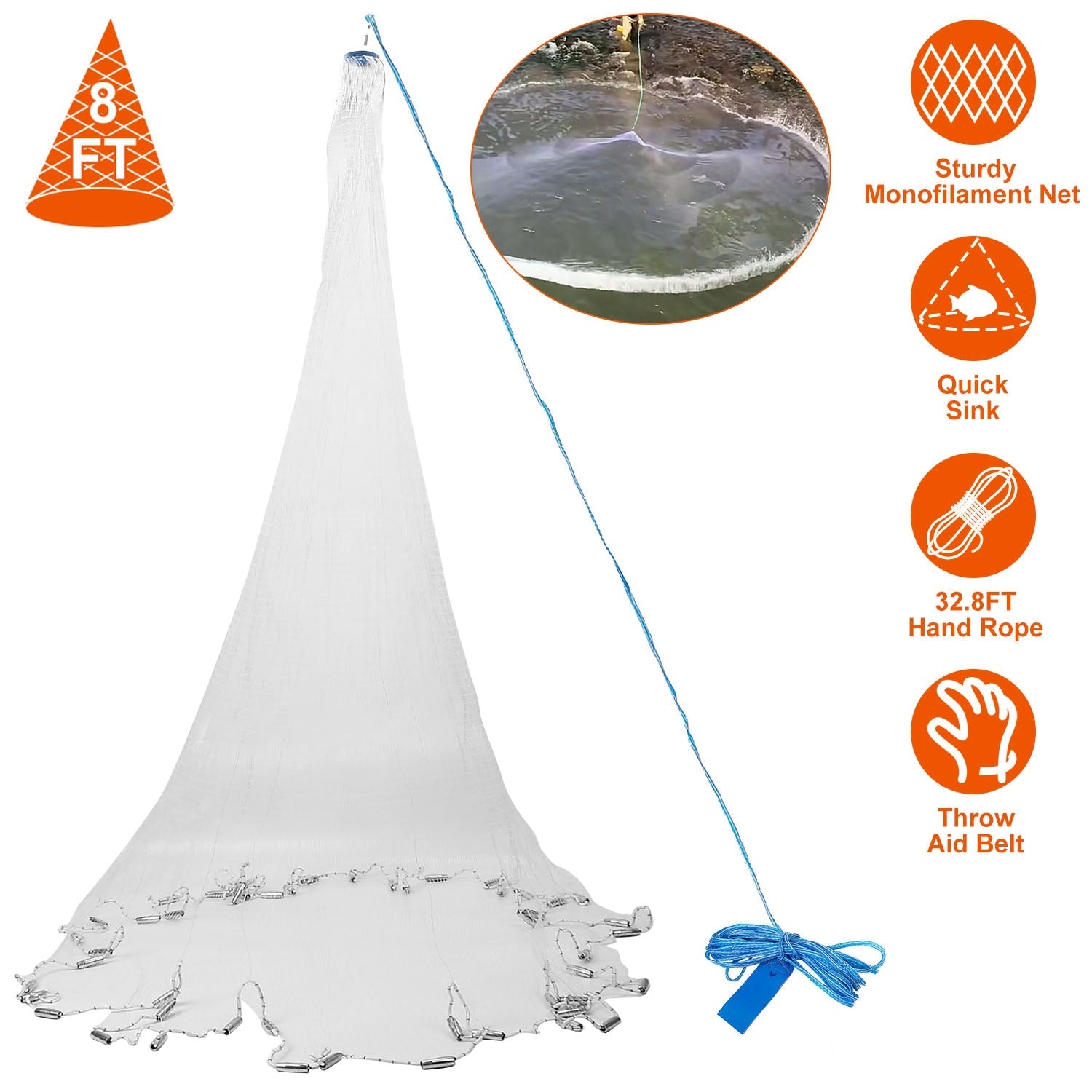 8ft Radius Fishing Cast Net Bait Trap Easy Throw Heavy Duty Hand Cast Net with Chain Sinker Bottom Spread