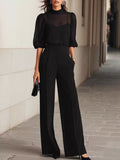 Mock Neck Puff Sleeve Top and Wide Leg Pants Set