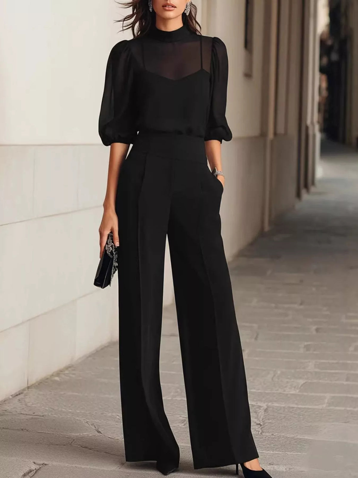 Mock Neck Puff Sleeve Top and Wide Leg Pants Set
