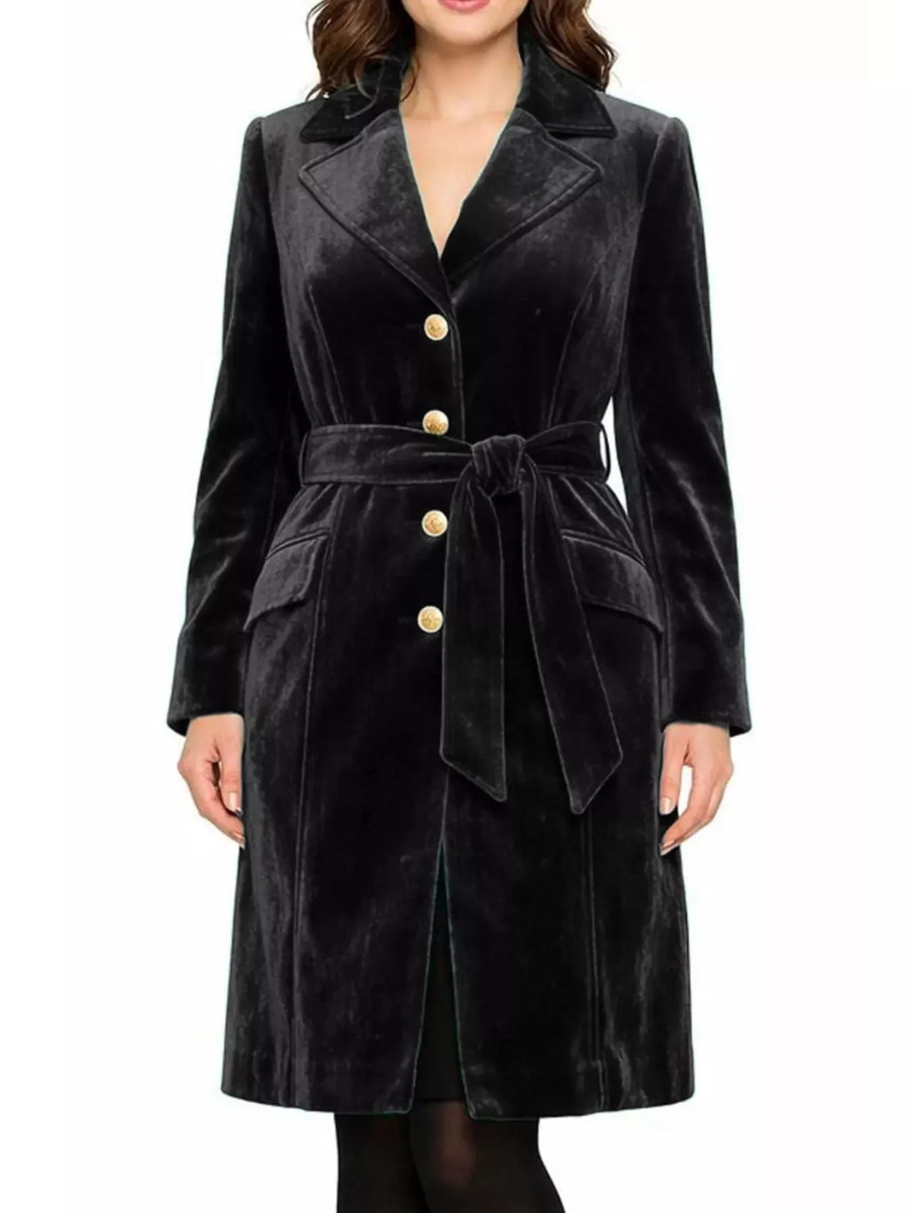 Single-Breasted Velvet Trench Coat with Gold Buttons