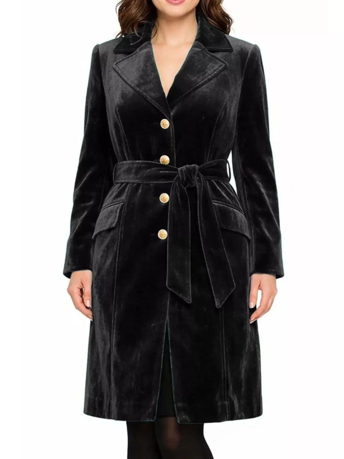 Single-Breasted Velvet Trench Coat with Gold Buttons
