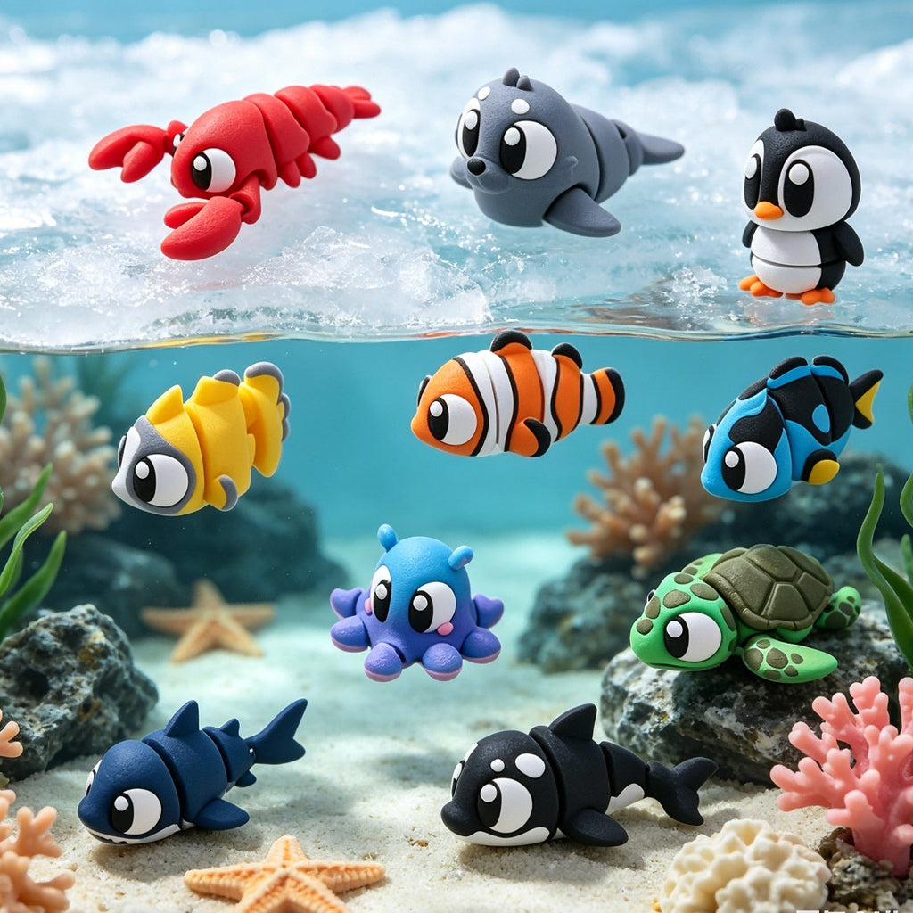 10PCS 3D Printed Mini Ocean Animal Figures Set