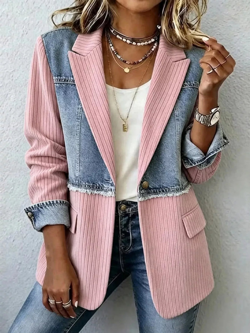 Full Size Patchwork Denim Ribbed Blazer Plus Size