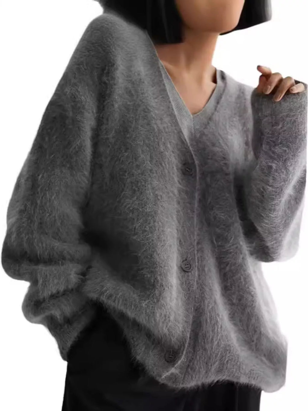 Fuzzy V-Neck Button-Down Cardigan