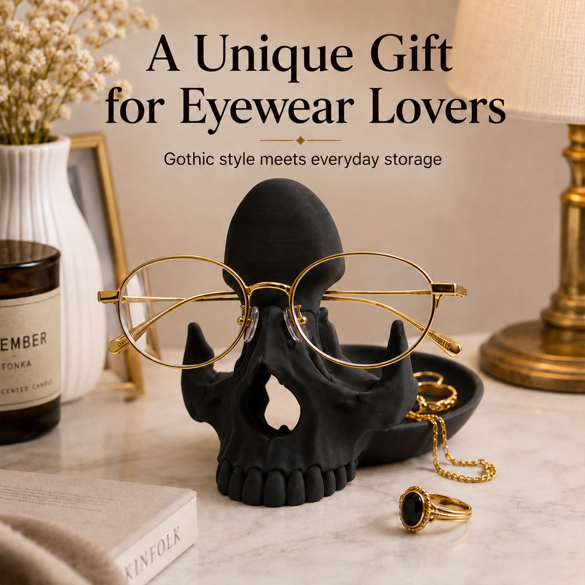3D Printed Skull Eyeglasses Holder With Catchall Tray, Gothic Glasses Stand Desk Organizer For Sunglasses, Jewelry And Small Items