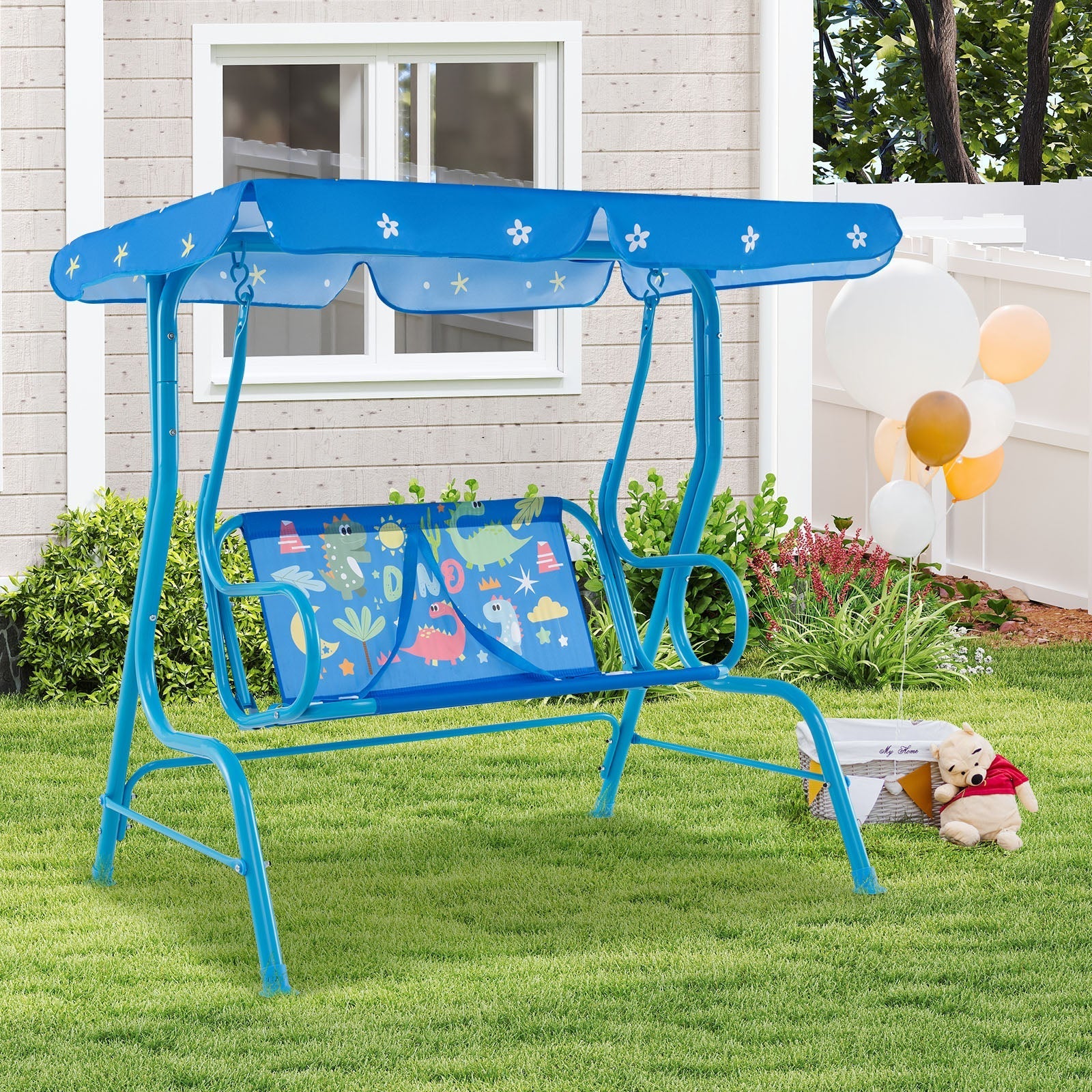 2-Seater Kids Patio Swing with Metal Stand and Adjustable Canopy-Navy