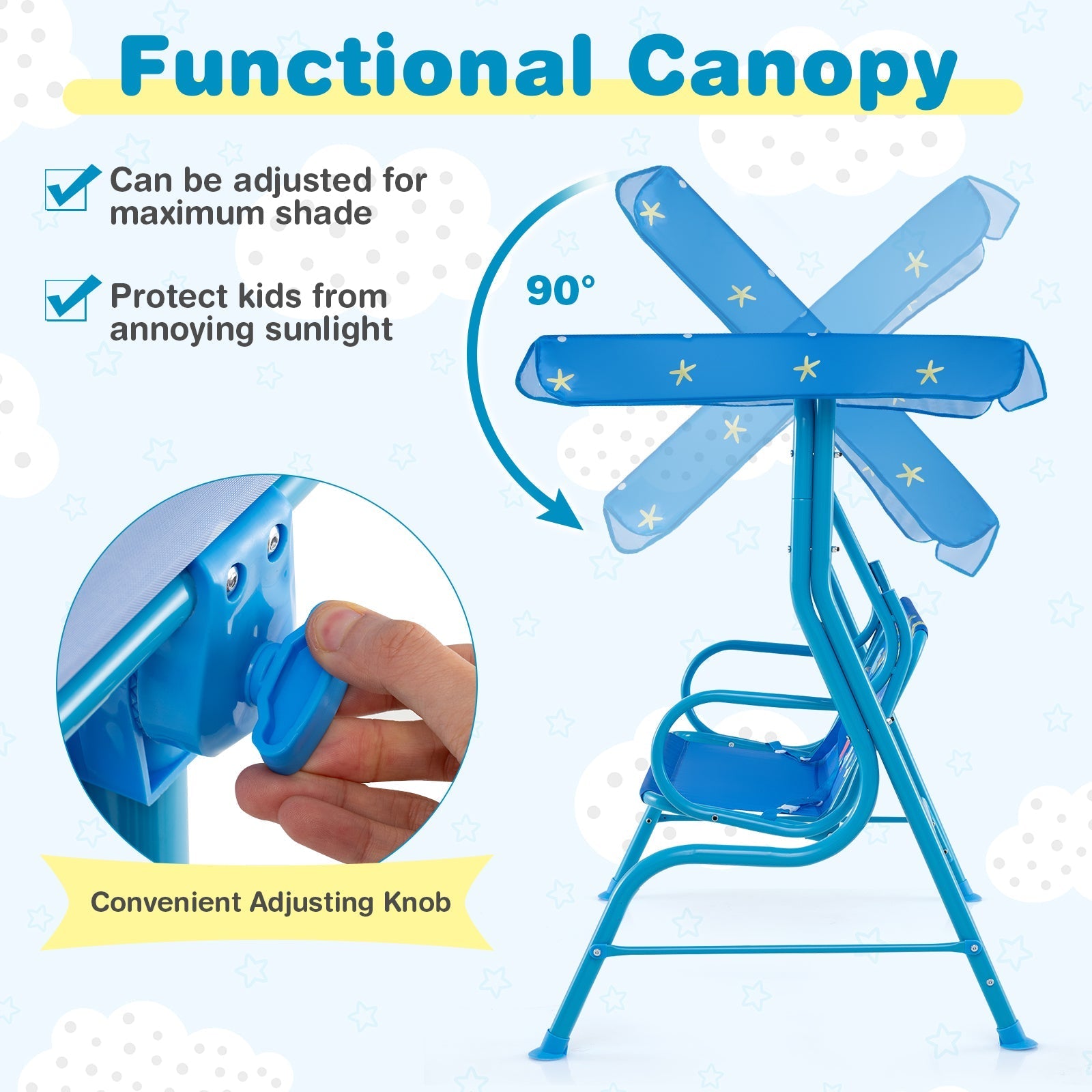 2-Seater Kids Patio Swing with Metal Stand and Adjustable Canopy-Navy