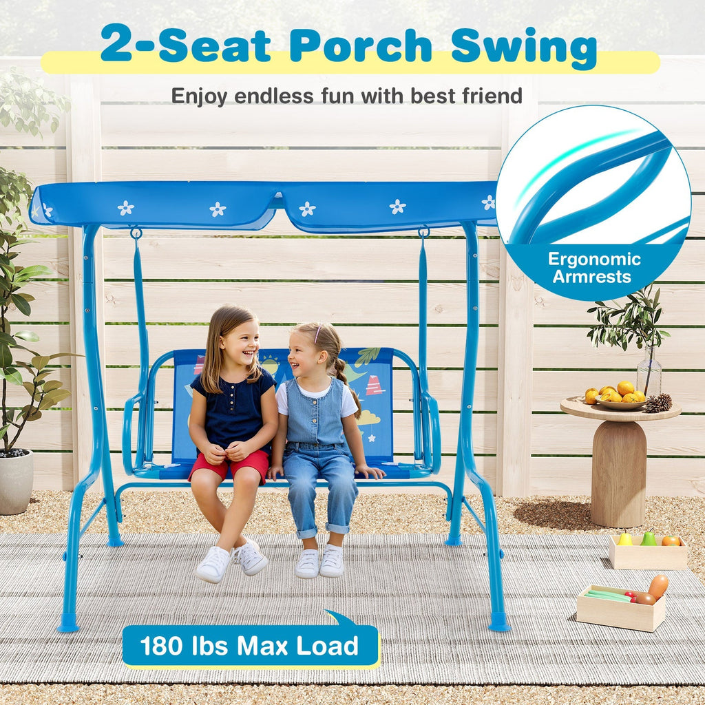 2-Seater Kids Patio Swing with Metal Stand and Adjustable Canopy-Navy