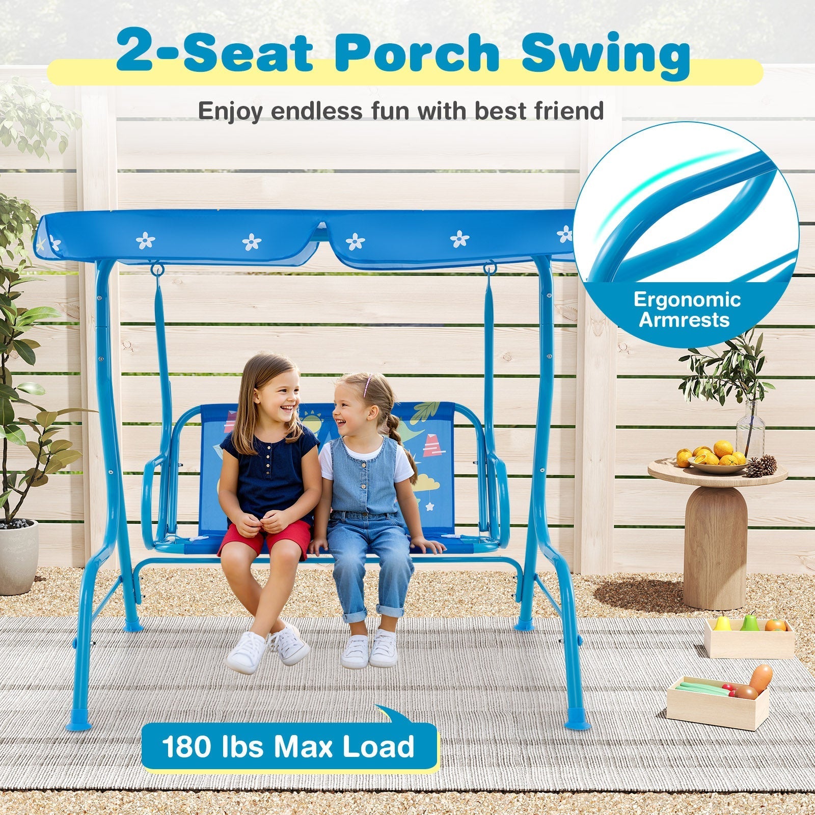 2-Seater Kids Patio Swing with Metal Stand and Adjustable Canopy-Navy