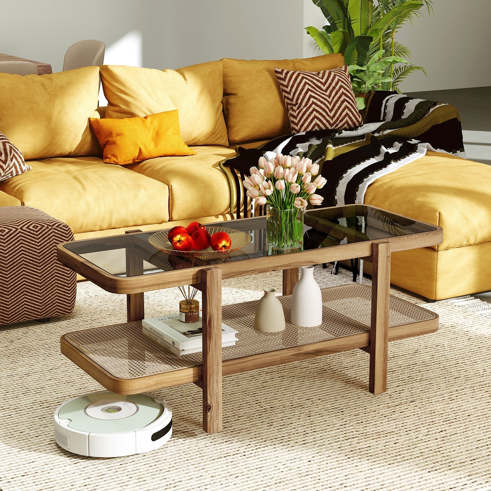 2-Tier Coffee Table with Storage and Tempered Glass Tabletop